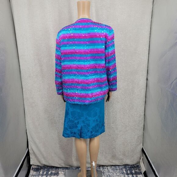 Anne Crimmins Vintage Matching Silk Skirt Set Blue Purple Fuschia Sequin Blazer - Picture 9 of 14